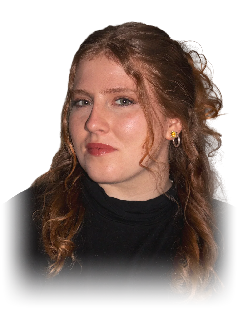 Portrait of Gwendolen Swain, Melbourne photographer, with long auburn curls, wearing a black turtleneck